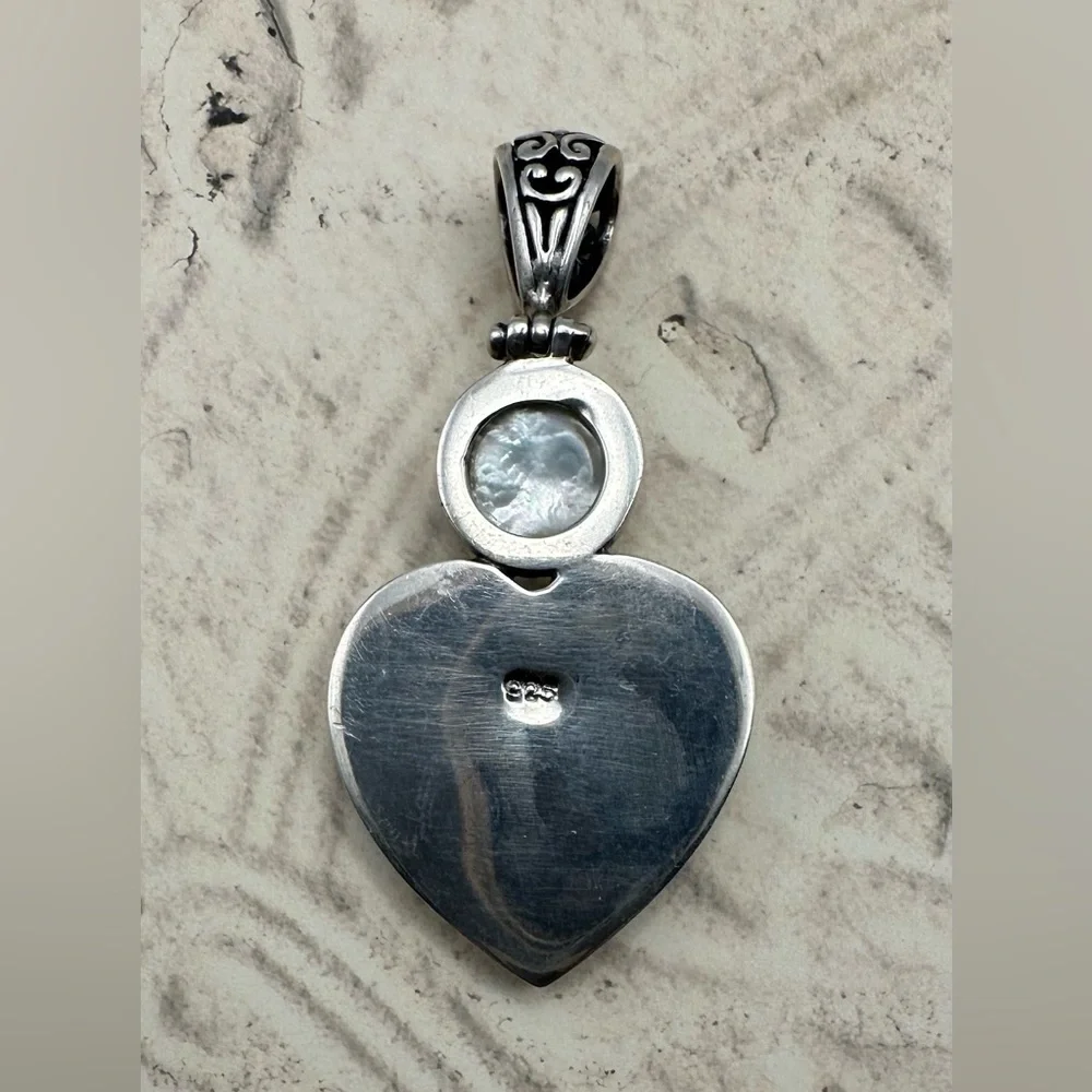 Sterling Silver 925 Wedding Heart Pendant Omega Pearl Byzantine Scroll Vtg 2.5